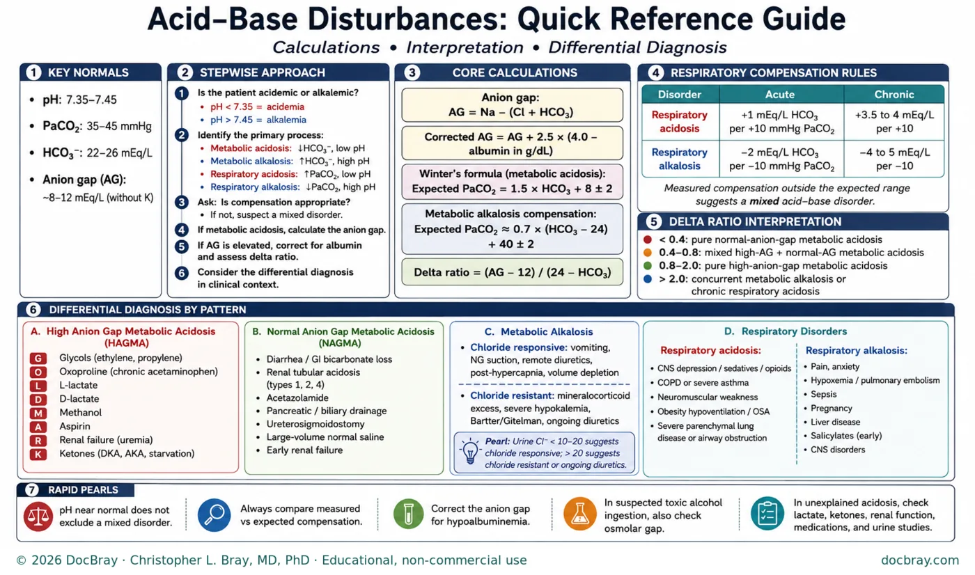 Acid-base disturbances quick reference guide: seven panels covering key normal values for pH, PaCO2, bicarbonate and anion gap; a six-step stepwise approach from acidemia or alkalemia through primary process, compensation, anion gap, albumin correction and differential; core calculations including the anion gap, albumin-corrected anion gap, Winter's formula, metabolic alkalosis compensation and the delta ratio; a table of acute and chronic respiratory compensation rules; delta ratio interpretation bands; differential diagnosis by pattern for high anion gap metabolic acidosis (GOLDMARK), normal anion gap metabolic acidosis, chloride-responsive and chloride-resistant metabolic alkalosis, and respiratory acidosis and alkalosis; and rapid pearls