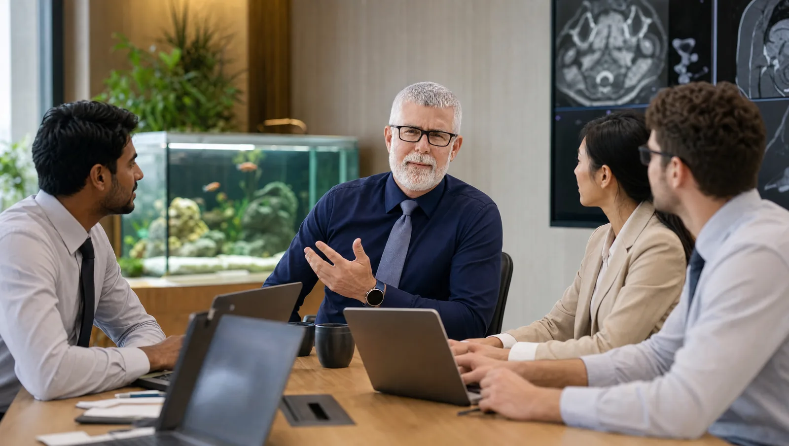 Dr. Bray advising a small, diverse group of trainees around a conference table