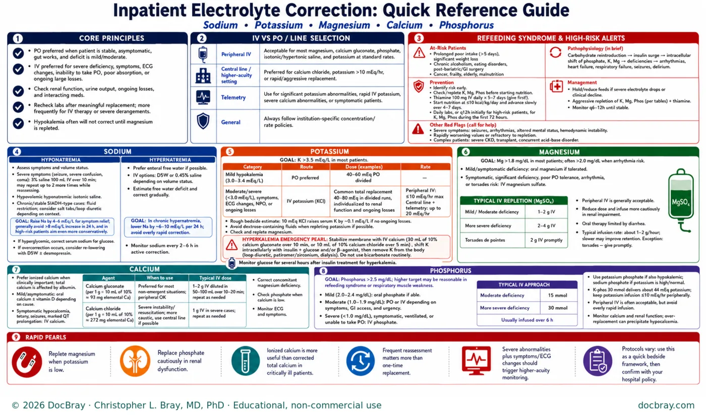 Inpatient electrolyte correction quick reference guide: nine panels covering core principles for oral versus intravenous repletion; a table of intravenous versus oral and line selection showing what is acceptable peripherally, what needs a central line or higher-acuity setting, and when telemetry is required; refeeding syndrome at-risk patients, pathophysiology, prevention including thiamine and caloric advancement, management, and red flags; sodium covering hyponatremia and hypernatremia with correction goals and monitoring; potassium with goal, category, route, dose and rate columns plus a hyperkalemia emergency pearl; magnesium with goals and typical intravenous repletion doses; calcium comparing calcium gluconate and calcium chloride by elemental content, indication and typical dose; phosphorus with goal, severity bands and a typical intravenous approach; and rapid pearls