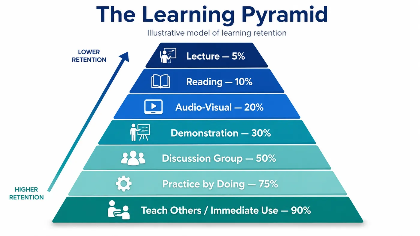 The Learning Pyramid: a seven-layer pyramid diagram running from Lecture with a claimed 5% retention at the narrow top, down through Reading 10%, Audio-Visual 20%, Demonstration 30%, Discussion Group 50%, and Practice by Doing 75%, to Teach Others / Immediate Use with a claimed 90% at the wide base, with an arrow labeled from higher retention at the base to lower retention at the top
