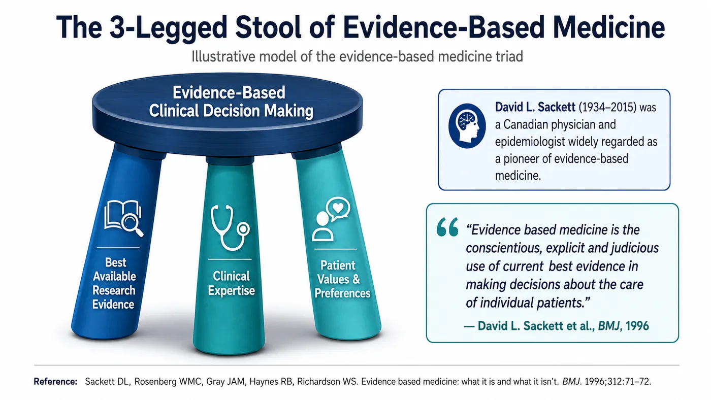 The three-legged stool of evidence-based medicine: a stool whose seat is labeled evidence-based clinical decision making, standing on three legs labeled best available research evidence, clinical expertise, and patient values and preferences; beside it, a short biography of David L. Sackett and his 1996 BMJ definition of evidence-based medicine as the conscientious, explicit and judicious use of current best evidence in making decisions about the care of individual patients