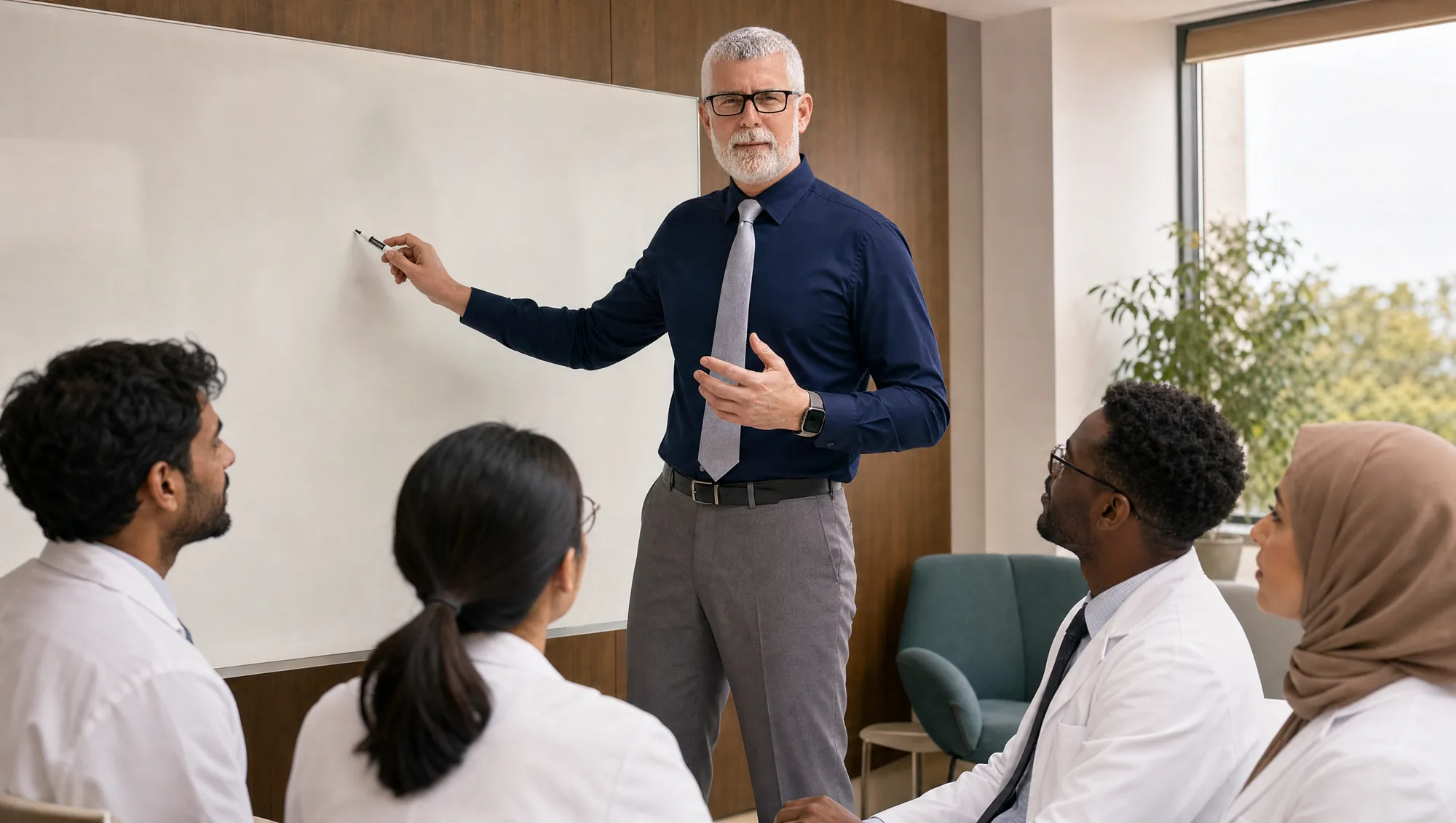 Dr. Bray teaching a small group of diverse resident physicians at a whiteboard